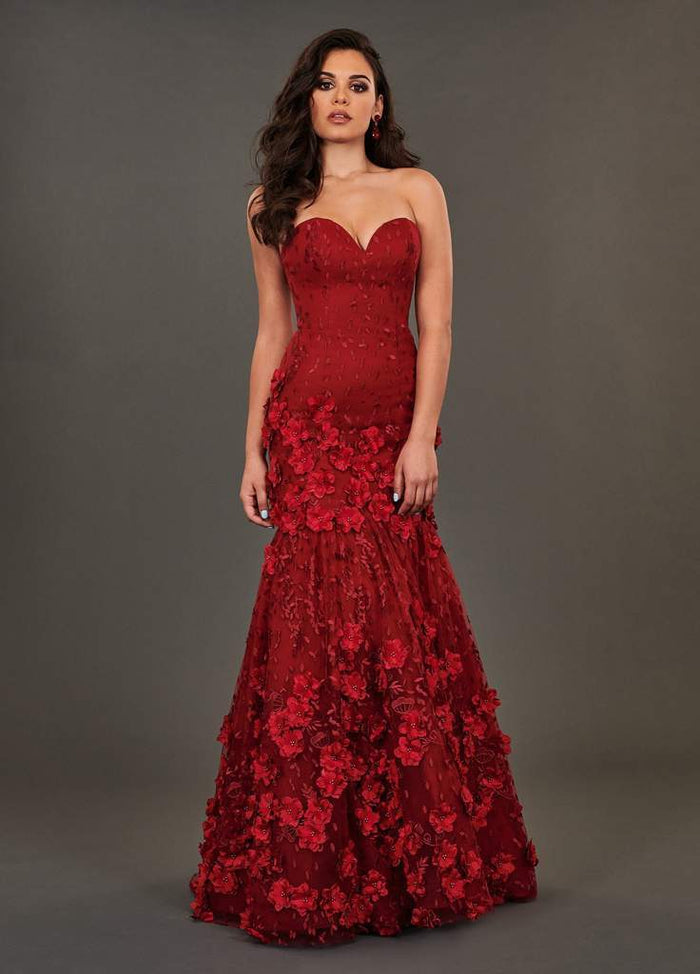 Rachel Allan Couture - 8386 Floral Ornate Strapless Sweetheart Mermaid Gown - 1 pc Deep Red In Size 04 Available CCSALE 4 / Deep Red