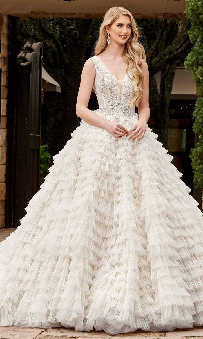 Rachel Allan - M796 Lace Tiered Ruffle Wedding Ballgown Bridal Dresses 0 / Ivory Metallic