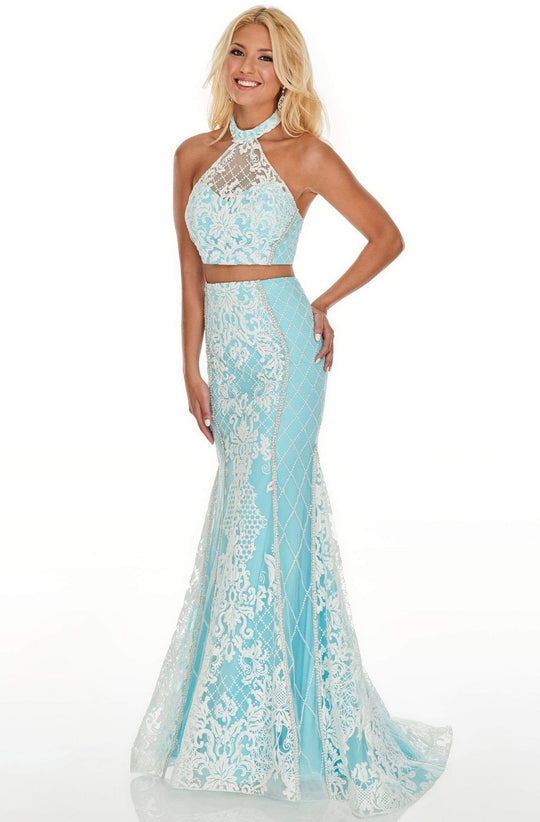 Rachel Allan Prom - 7003 Two Piece High Halter Trumpet Dress Prom Dresses 0 / White Aqua