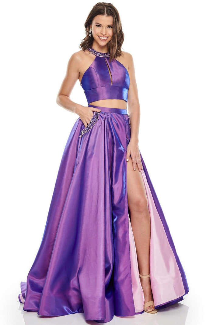 Rachel Allan Prom - 7009 Two Piece Beaded Halter Ballgown Prom Dresses 0 / Purple Pink