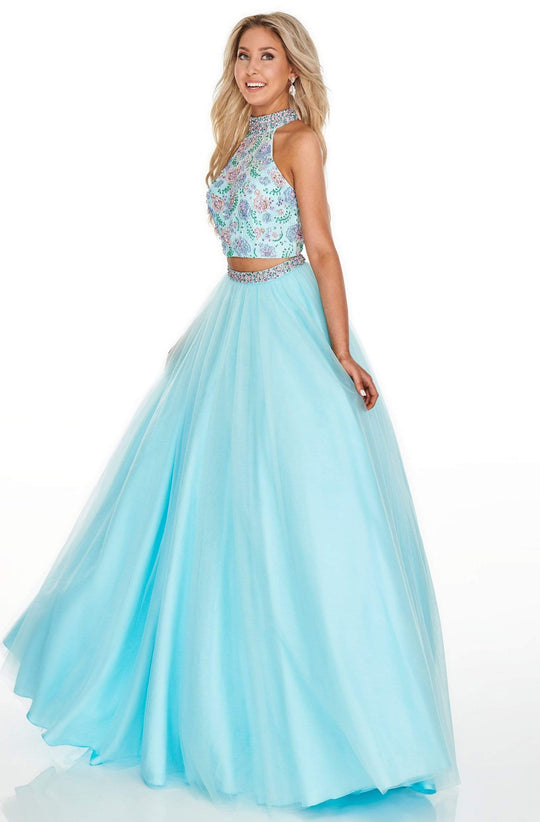 Rachel Allan Prom - 7066 Floral Two Piece High Halter Ballgown Prom Dresses 0 / Aqua Blue Multi