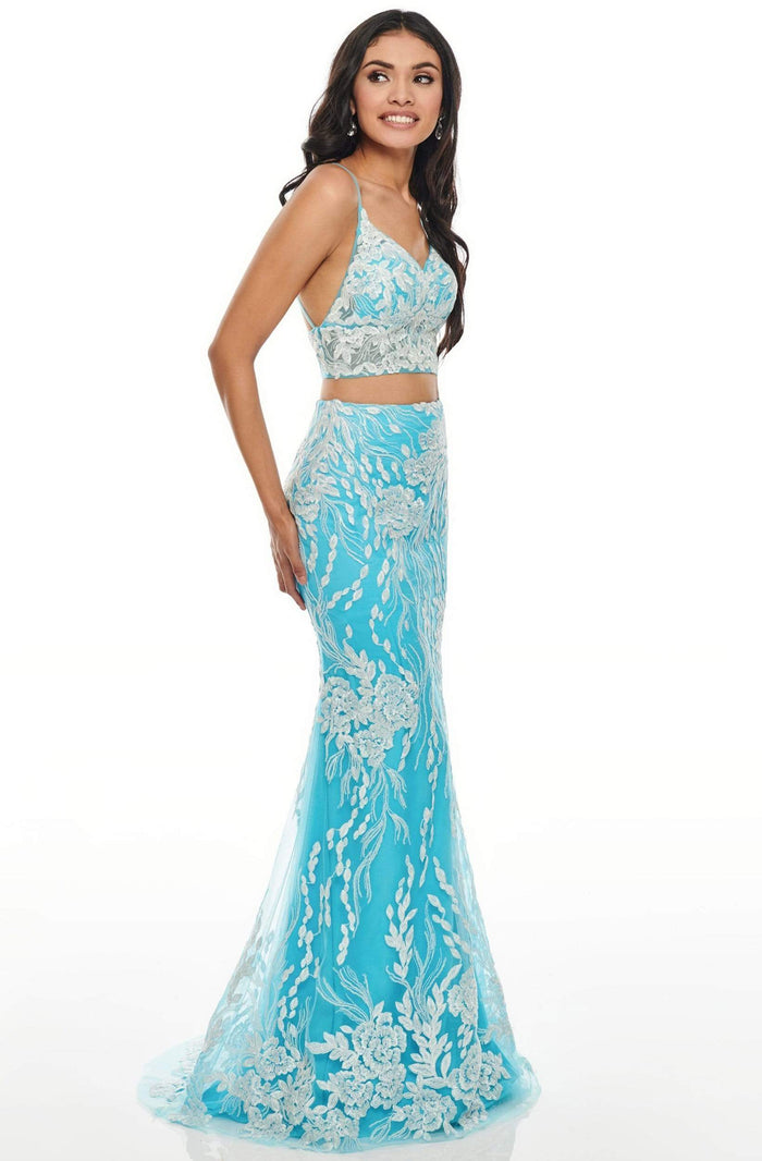 Rachel Allan Prom - 7072 Two Piece Sequined V-Neck Trumpet Dress Prom Dresses 0 / Turquoise
