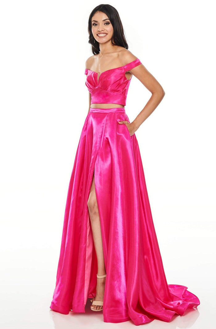 Rachel Allan Prom - 7185 Two Piece Off-Shoulder A-Line Gown Prom Dresses 0 / Fuchsia