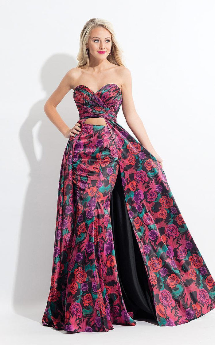 Rachel Allan Strapless Two-Piece Floral Print Gown 6073 CCSALE 4 / Black/Multi