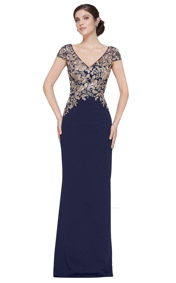 Rina di Montella - Cap Sleeve Gilded Evening Dress RD2652 - 1 pc Navy & Gold In Size 12 Available CCSALE 12 / Navy & Gold
