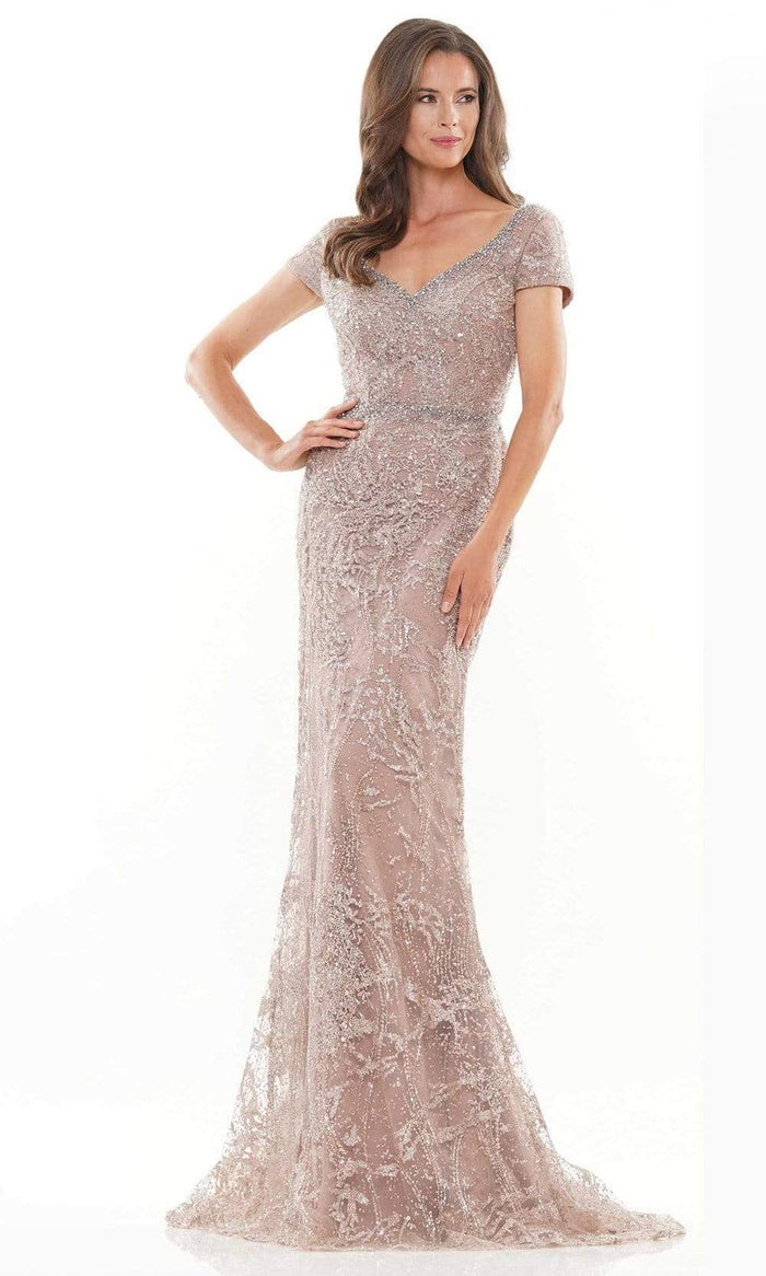 Rina Di Montella - RD2738 V Neck and Back Glittered Column Gown Mother of the Bride Dresses 6 / Coffee