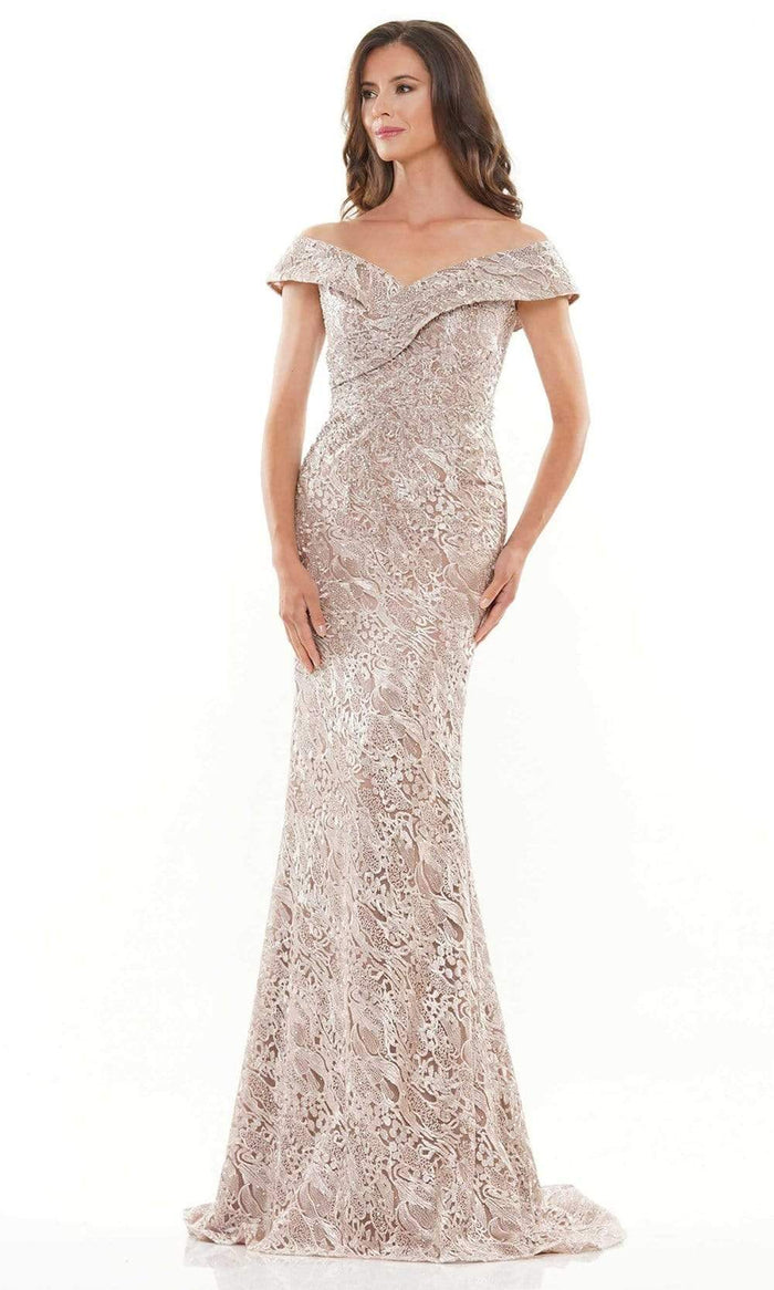 Rina Di Montella - RD2740 Off Shoulder Ornate Lace Gown Mother of the Bride Dresess 6 / Coffee