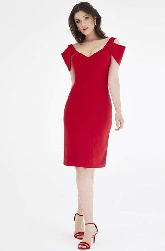 Saboroma - V-Neck Short Formal Dress 99886 - 1 pc Scarlet Red In Size 14 Available CCSALE 14 / Scarlet Red