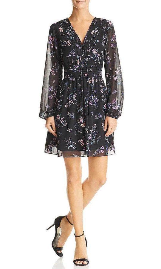 Sam Edelman 11F401 - Pleated Floral Casual Dress Casual Dresses 0 / Black Multi