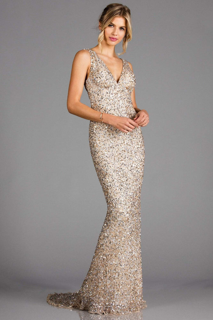 Scala - 48883 Sequined Plunging V-neck Sheath Dress With Train Evening Dresses 0 / Champagne