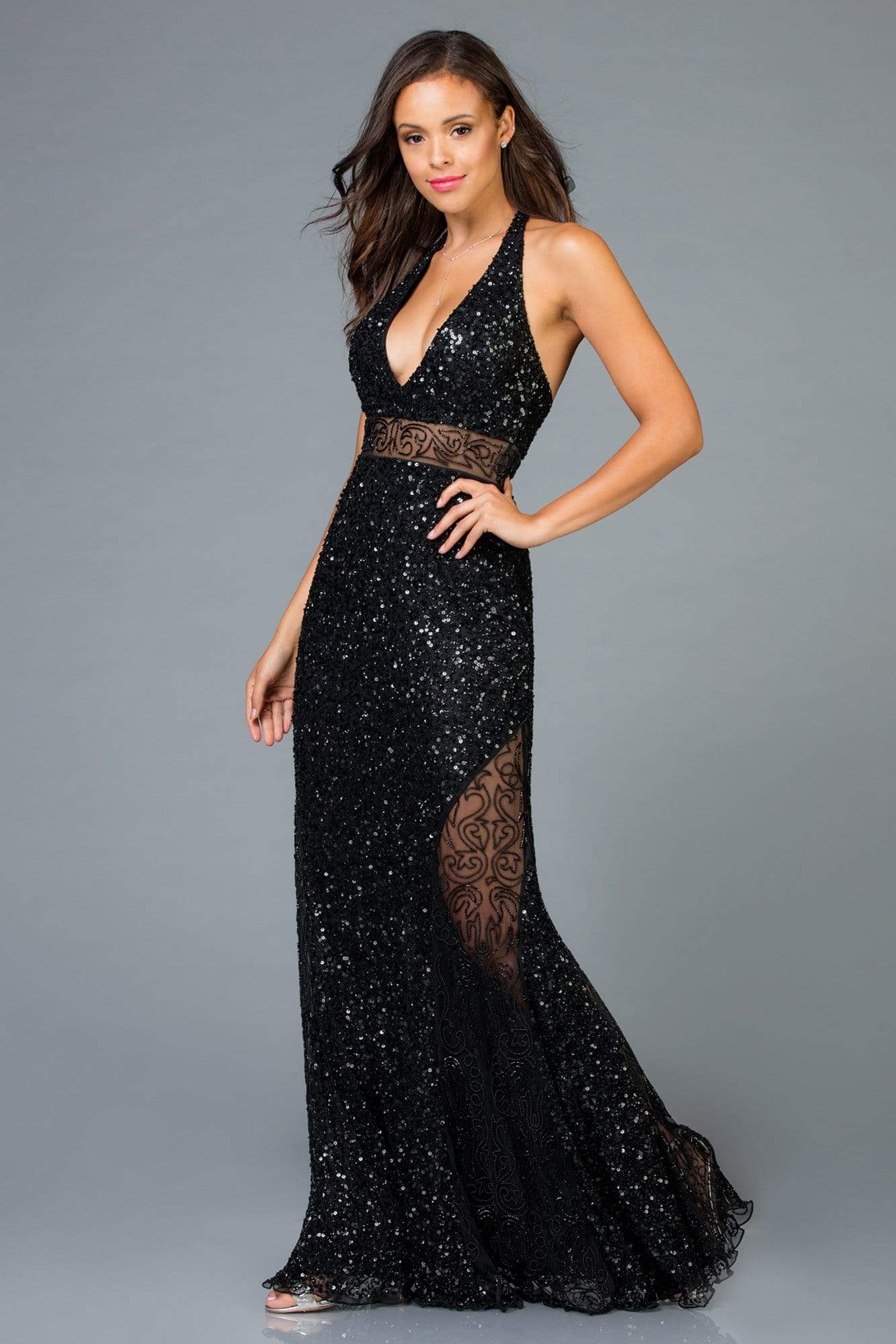 SCALA - 48983 Sequined Deep V-neck Fitted Dress – Couture Candy