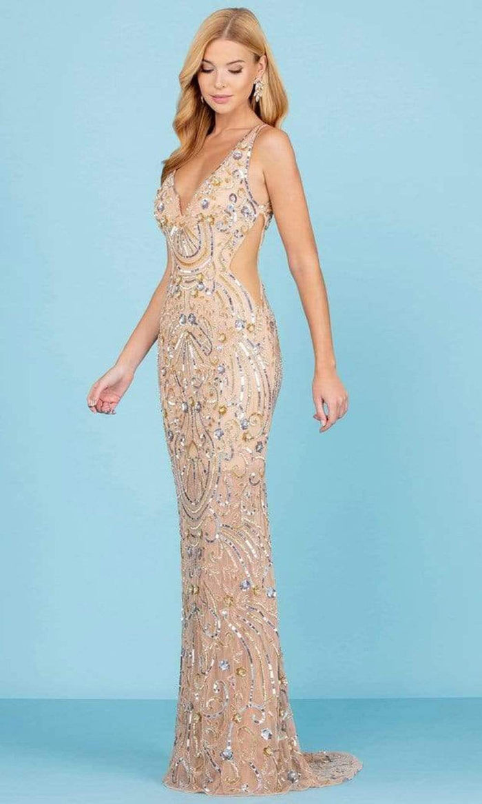 SCALA - 60294 V-Neck Cutouts Sequin Gown Special Occasion Dress 00 / Champagne
