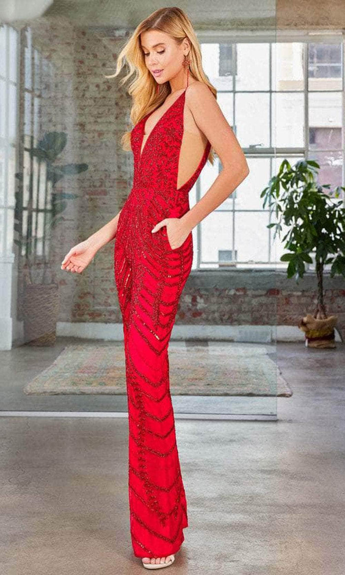 SCALA 60295 - V-Neck Beaded Jumpsuit Special Occasion Dress 000 / Red