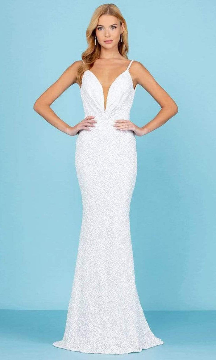 SCALA - 60297 Plunging V-Neck Sheath Gown Special Occasion Dress 00 / Ivory