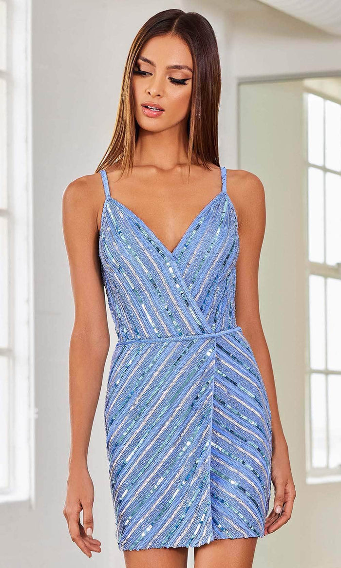 SCALA 60303 - Striped Embellished Cocktail Dress Special Occasion Dress 000 / Periwinkle Combo