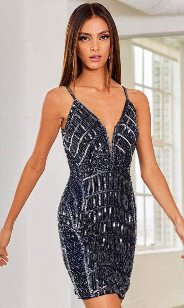 SCALA 60310 - V-Neck Sequin Cocktail Dress Special Occasion Dress 000 / Midnight