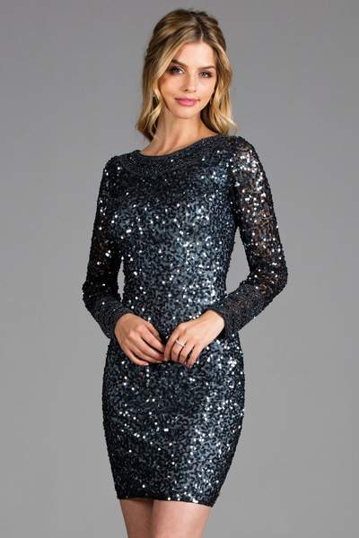 SCALA - Bedazzled Long Sleeve Bateau Sheath Dress 48884 - 1 pc Charcoal In Size 6 Available CCSALE 6 / Charcoal