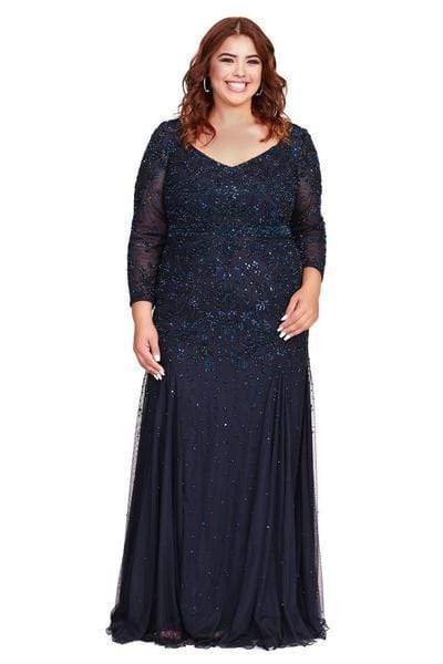 Shail K - Bedazzled Long Sleeve V-neck Trumpet Dress 12162W - 1 pc Navy In Size 18W Available CCSALE 18W / Navy