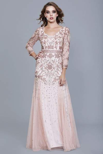 Shail K - Bejeweled Long Sleeve V-neck A-line Dress 12162 - 1 pc Rose In Size 6 Available CCSALE 6 / Rose