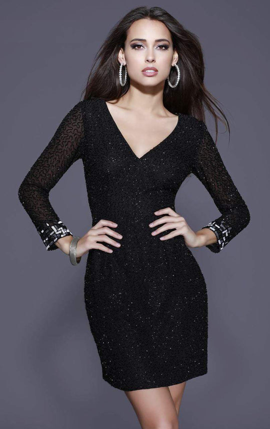 Shail K V Neck Beaded Long Sleeves Dress 21248 - 1 pc Black In Size 6 Available CCSALE 6 / Black