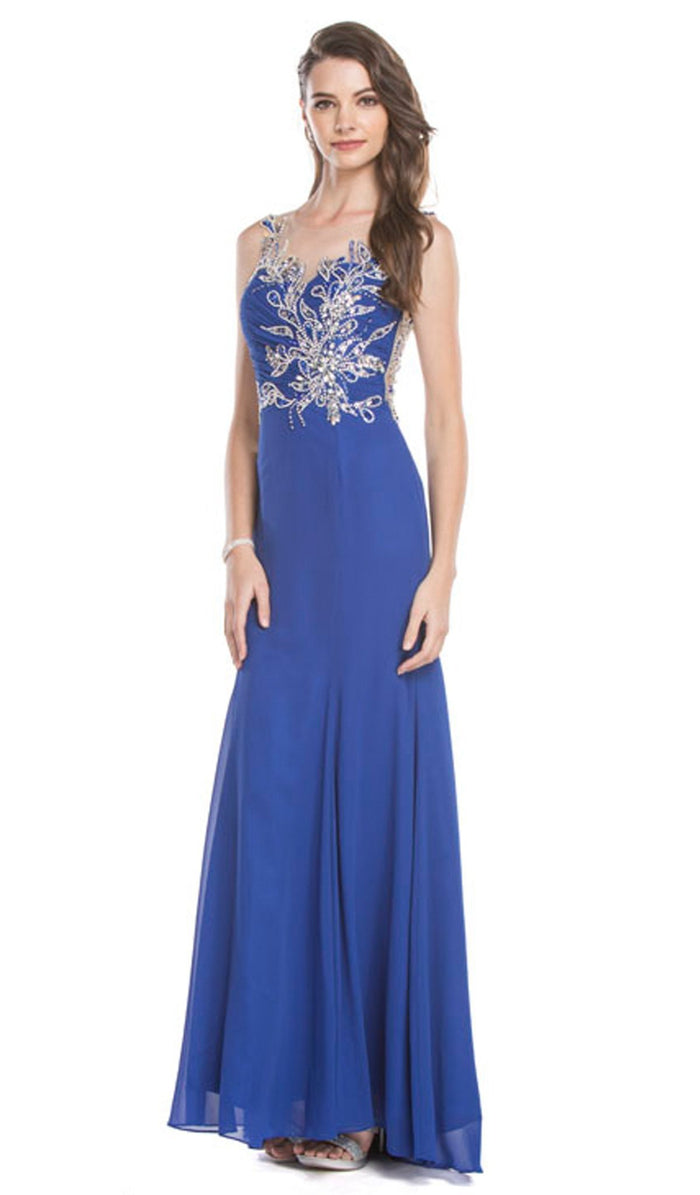 Sheer Sleeveless Embellished Evening Gown Dress XXS / Royal