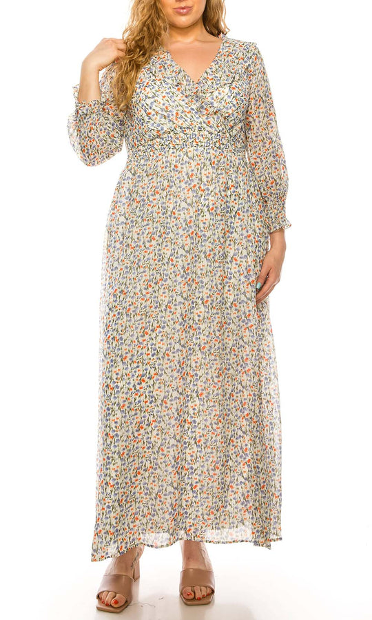 Shelby & Palmer - M564 Floral Printed V-Neck A-Line Dress Maxi Dresses 0 / Ivory Blue Coral