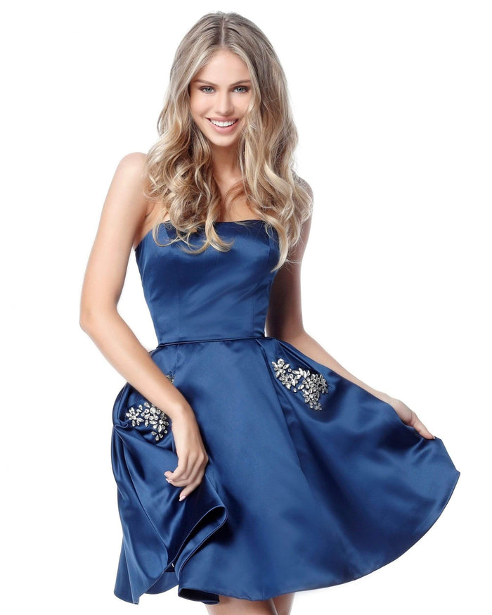 Sherri Hill - 51390 Strapless Satin Short A Line Dress Special Occasion Dress 00 / Blue