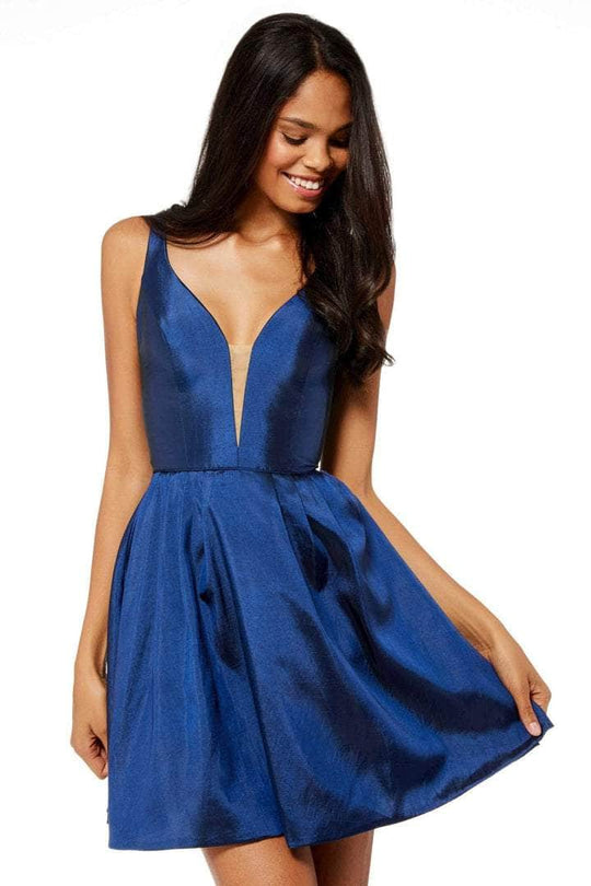 Sherri Hill - 52386 Deep Illusion V-Neck Pleated Short Dress - 1 pc Navy In Size 4 Available CCSALE