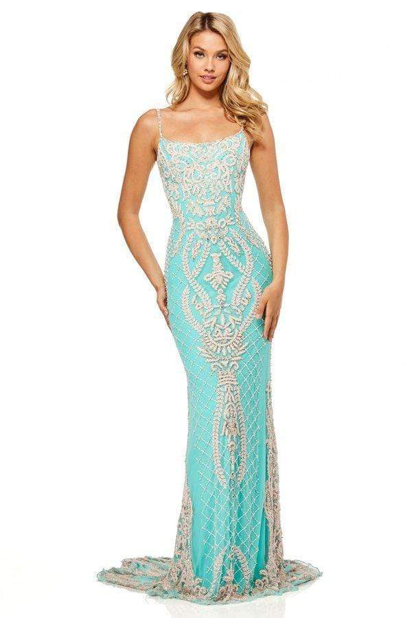 Sherri Hill - 52454 Fully Beaded Lace Up Back Fitted Evening Dress Evening Dresses 00 / Aqua/Light Pink