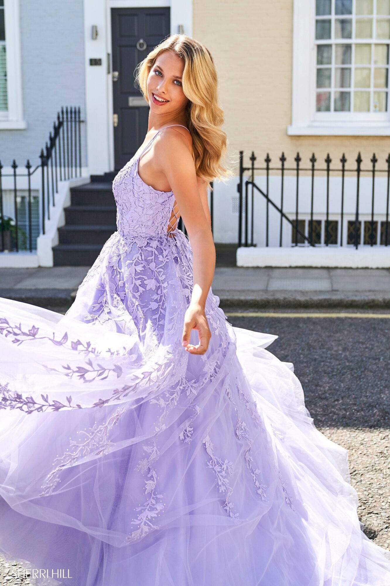 Sherri Hill - 53116 Floral Lace Appliqued Lace-up Back Ballgown Couture Candy Sherri Hill - 53116 Floral Lace Appliqued Lace-up Back Ballgown Couture Candy