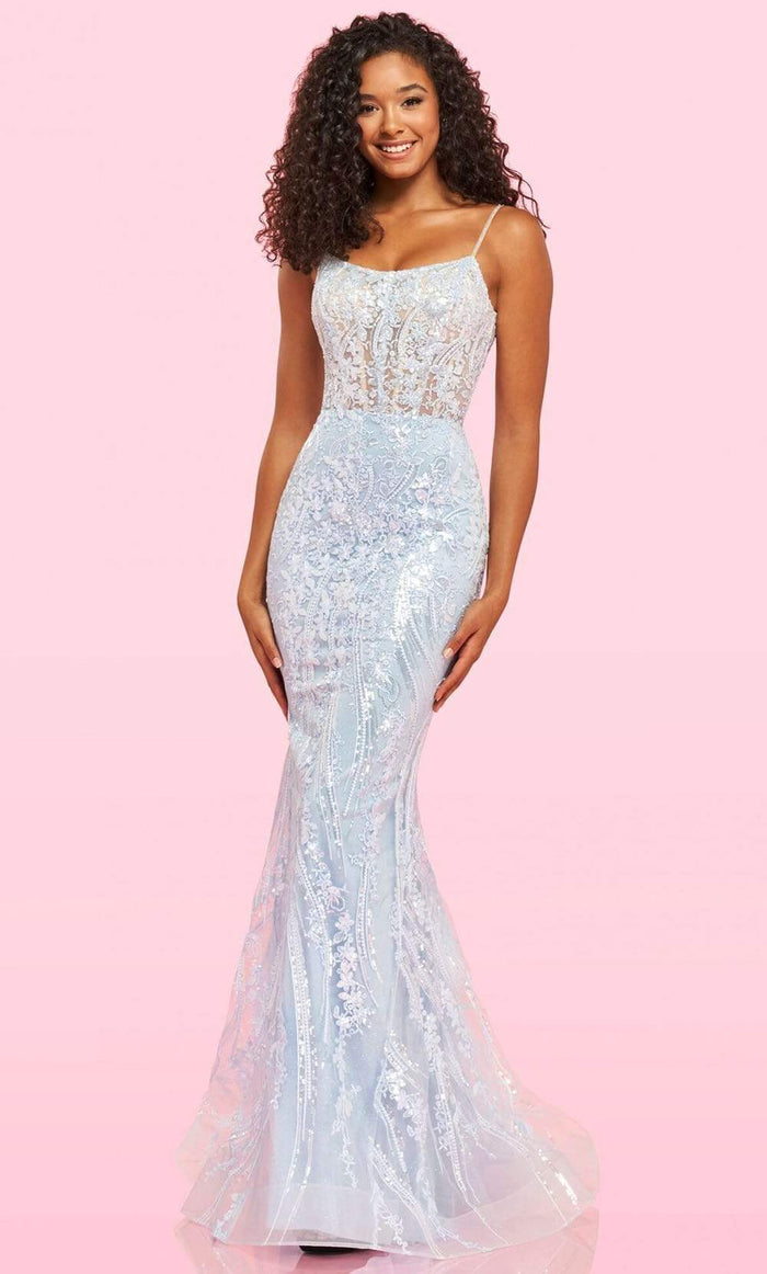 Sherri Hill - 54275 Strappy Sequin Mermaid Dress Prom Dresses 00 / Light Blue