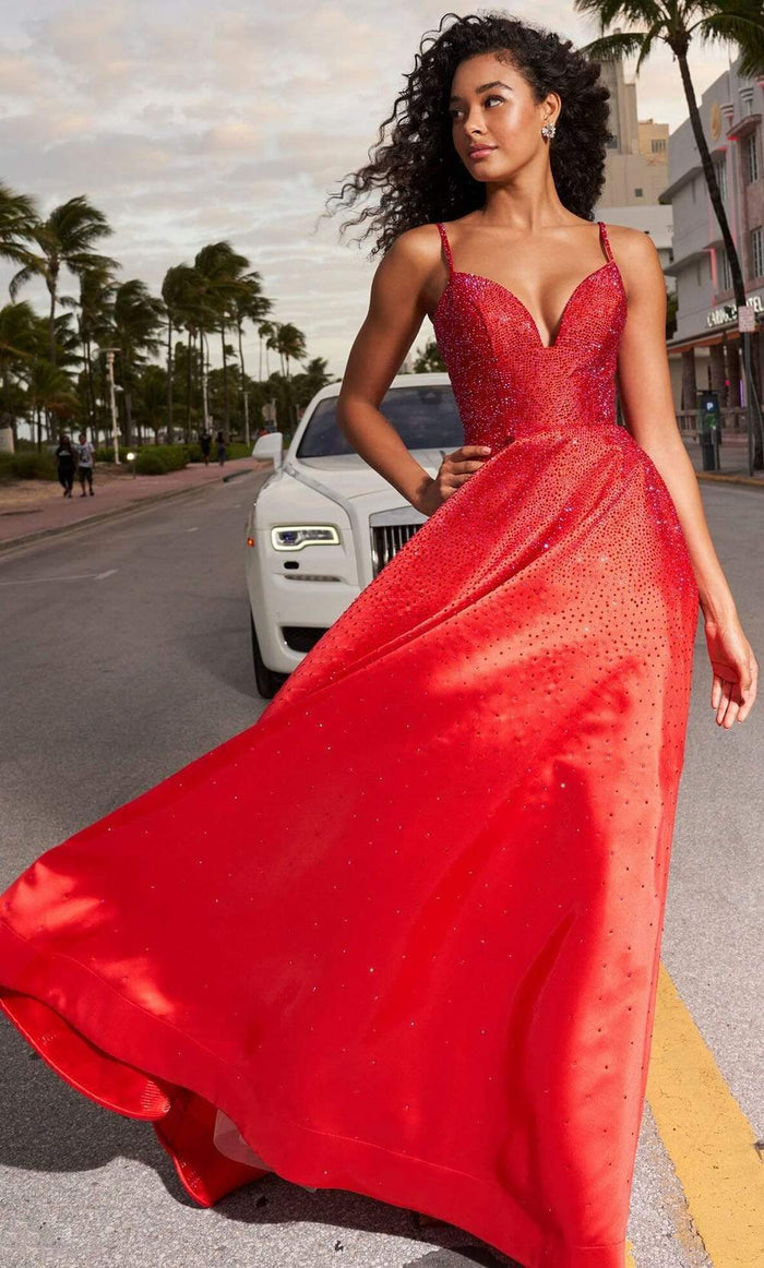 Sherri Hill - 54286 Jewel-Strewn Mikado A-Line Dress Prom Dresses 00 / Red