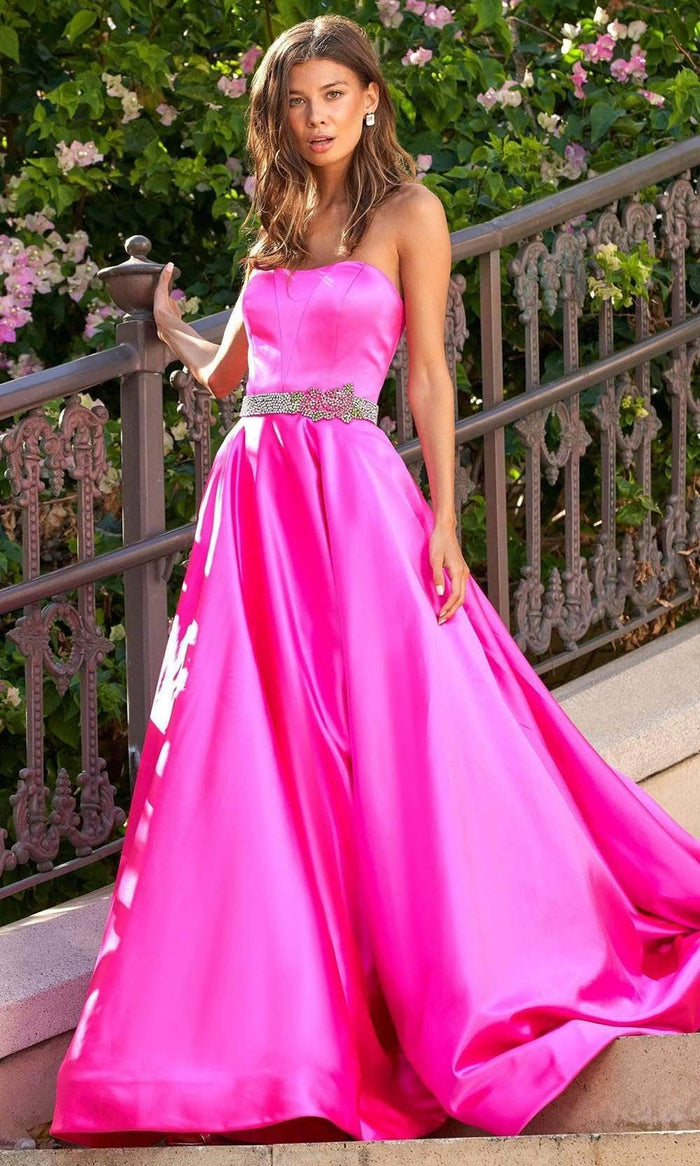 Sherri Hill - 54785 Strapless Jeweled Waist A-Line Gown Prom Dresses 00 / Candy Pink
