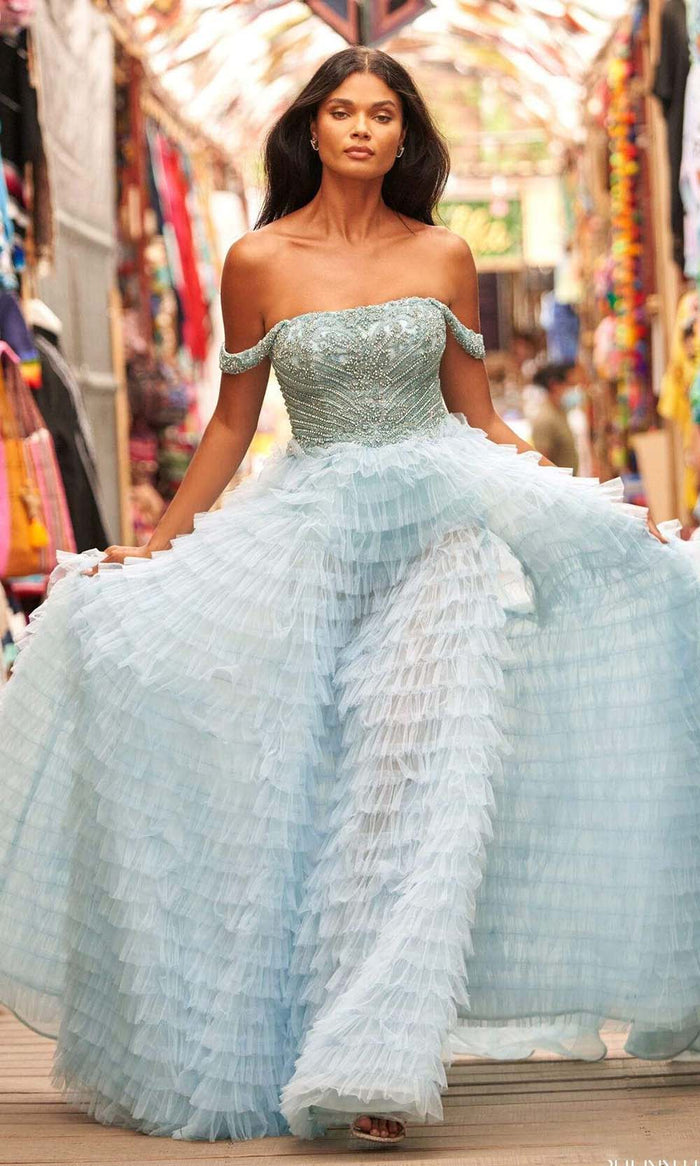 Sherri Hill - 54930 Embellished Off Shoulder Tulle A-line Dress Prom Dresses 00 / Light Blue