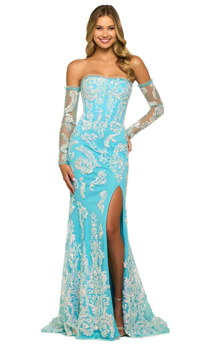 Sherri Hill 55425 - Strapless Sequin Lace Prom Gown Special Occasion Dress 000 / Aqua