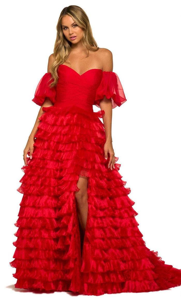 Sherri Hill 55428 - Strapless Tiered A-line Slit Gown Prom Desses 000 / Red