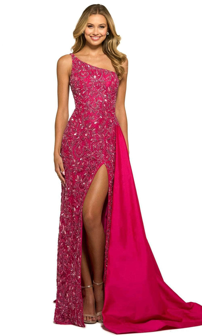 Sherri Hill 55450 - Beaded Allover Asymmetric Long Gown Evening Dresses 000 / Fuchsia