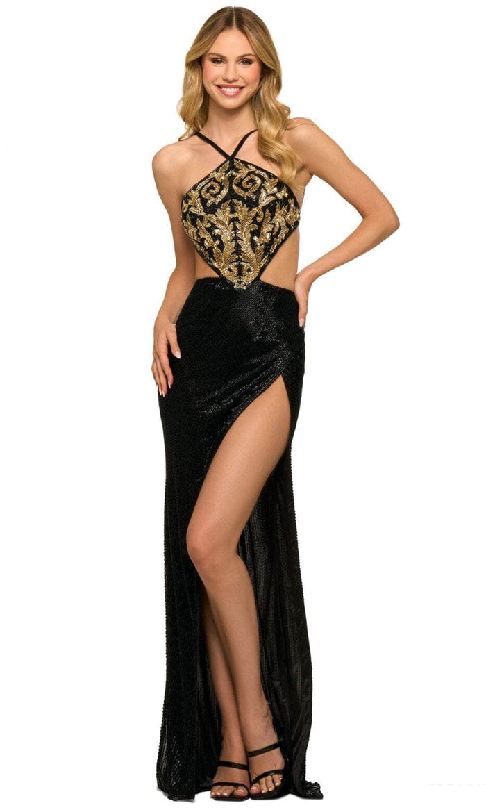 Sherri Hill 55466 - Halter Neck Dress Evening Dresses 000 / Black/Gold