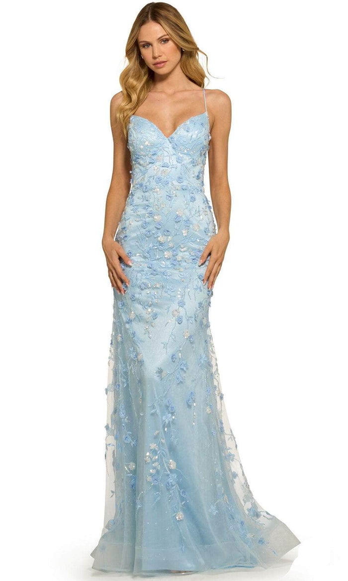 Sherri Hill 55531 - Thin Strapped Floral Patterned Long Gown Evening Dresses 000 / Light Blue