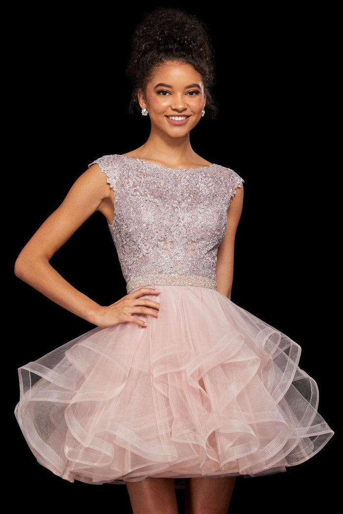 Sherri Hill - Beaded Bateau Ruffled A-Line Cocktail Dress 53109 - 1 pc Blush In Size 14 Available CCSALE 14 / Blush