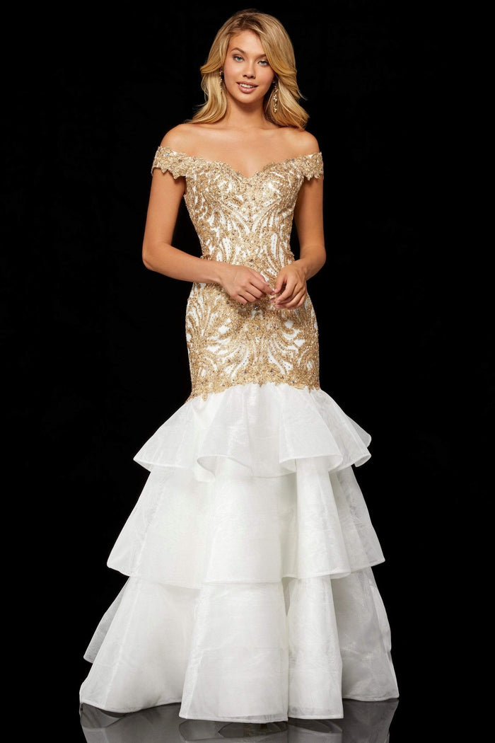 Sherri Hill -  Cap Sleeved Off Shoulder Tiered Mermaid Dress 52347 - 2 pc Ivory/Gold In Size 6 and 8 Available CCSALE