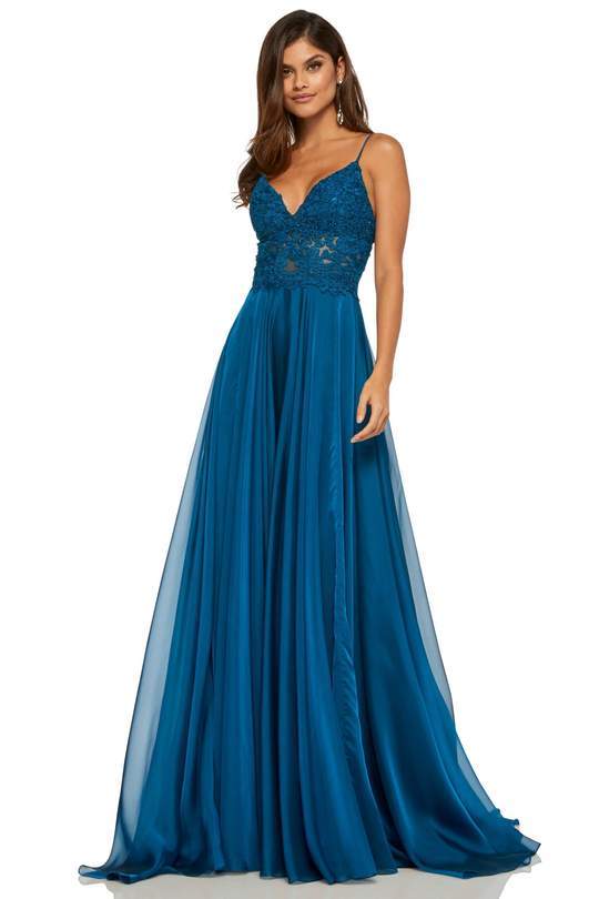 Sherri Hill - Long Appliqued Illusion Midriff Chiffon Dress 52818 - 1 pc Peacock In Size 00 Available CCSALE 00 / Peacock