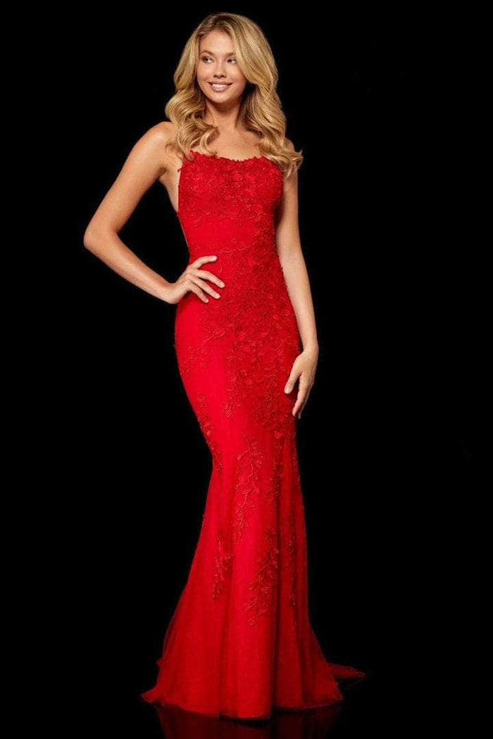 Sherri Hill - Scoop Lace Appliqued Prom Dress 52338 - 1 pc Red In Size 4 Available CCSALE 4 / Red