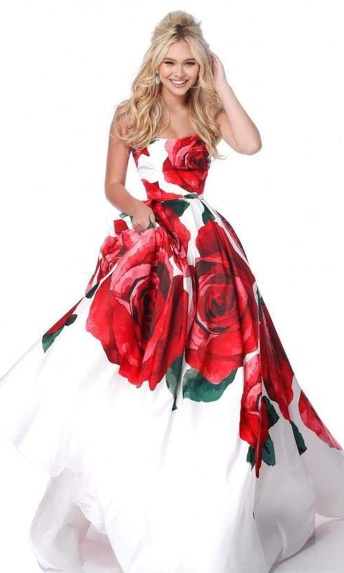 Sherri Hill - Strapless Floral Print Semi-Sweetheart Ballgown 51887 - 1 pc Red Print In Size 2 Available CCSALE 2 / Red Print