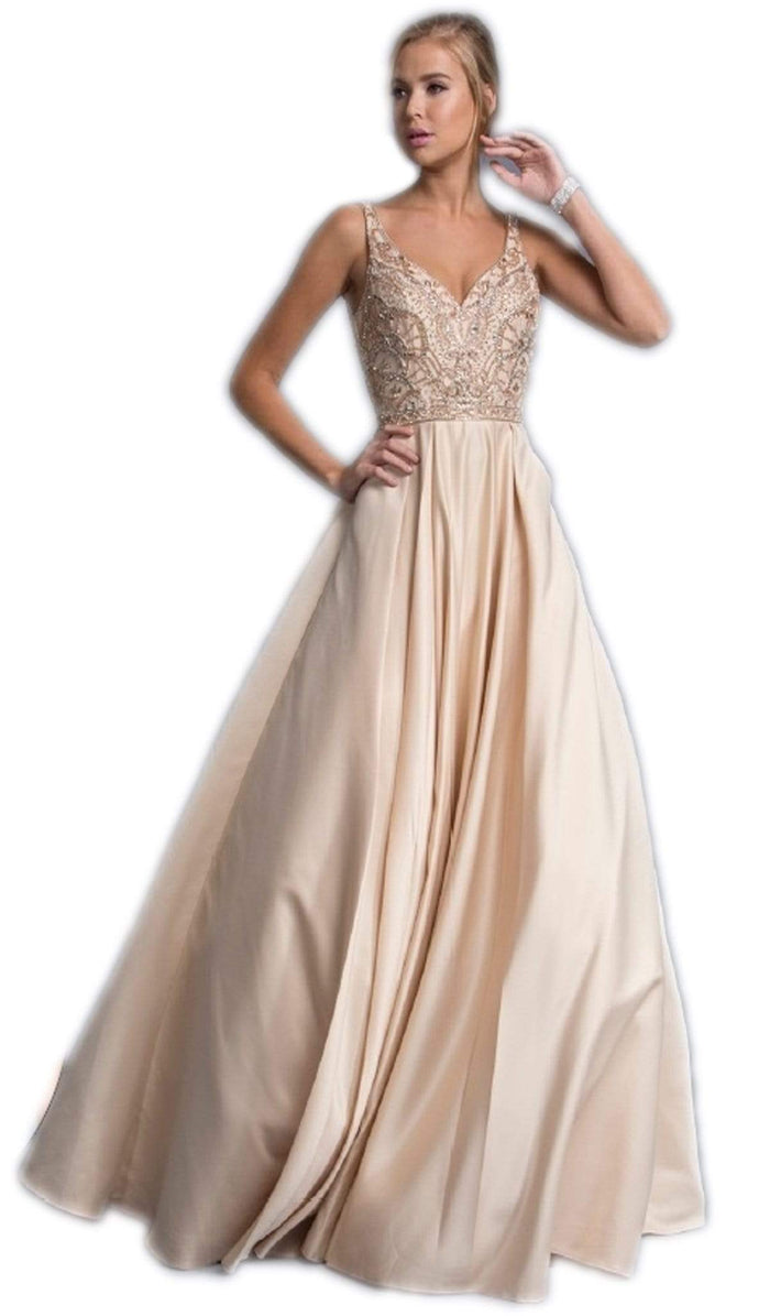 Sleeveless Embellished V-neck A-line Prom Gown Dress XXS / Champagne