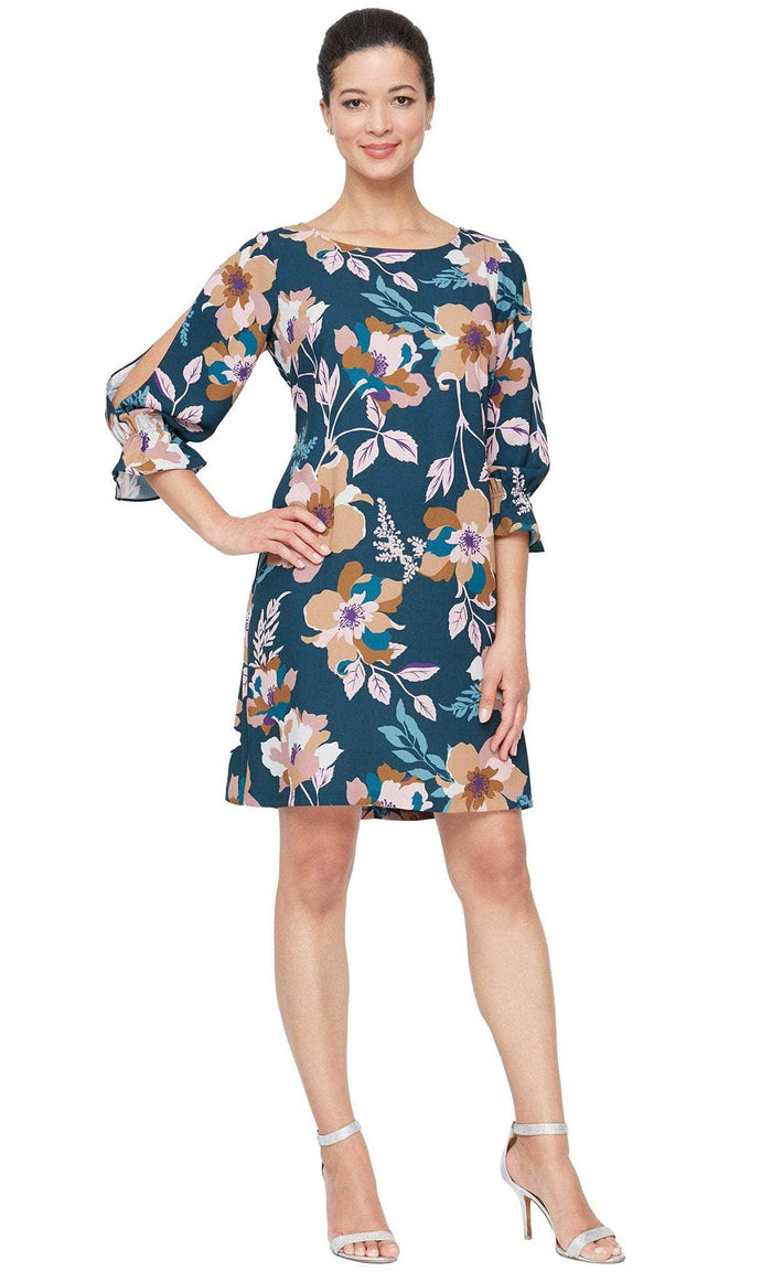 SLNY 9160198 - Floral Jewel Sheath Dress Holiday Dresses 6 / Teal