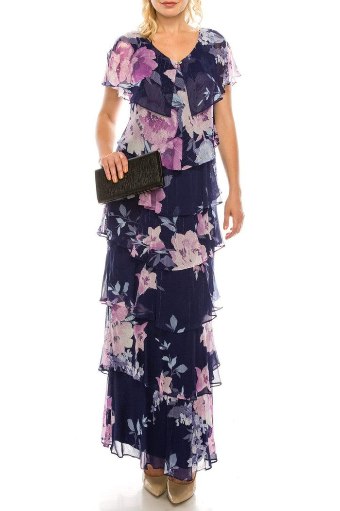 SLNY - 9171432 Floral Print V-neck Sheath Dress Evening Dresses 0 / Navy Multi