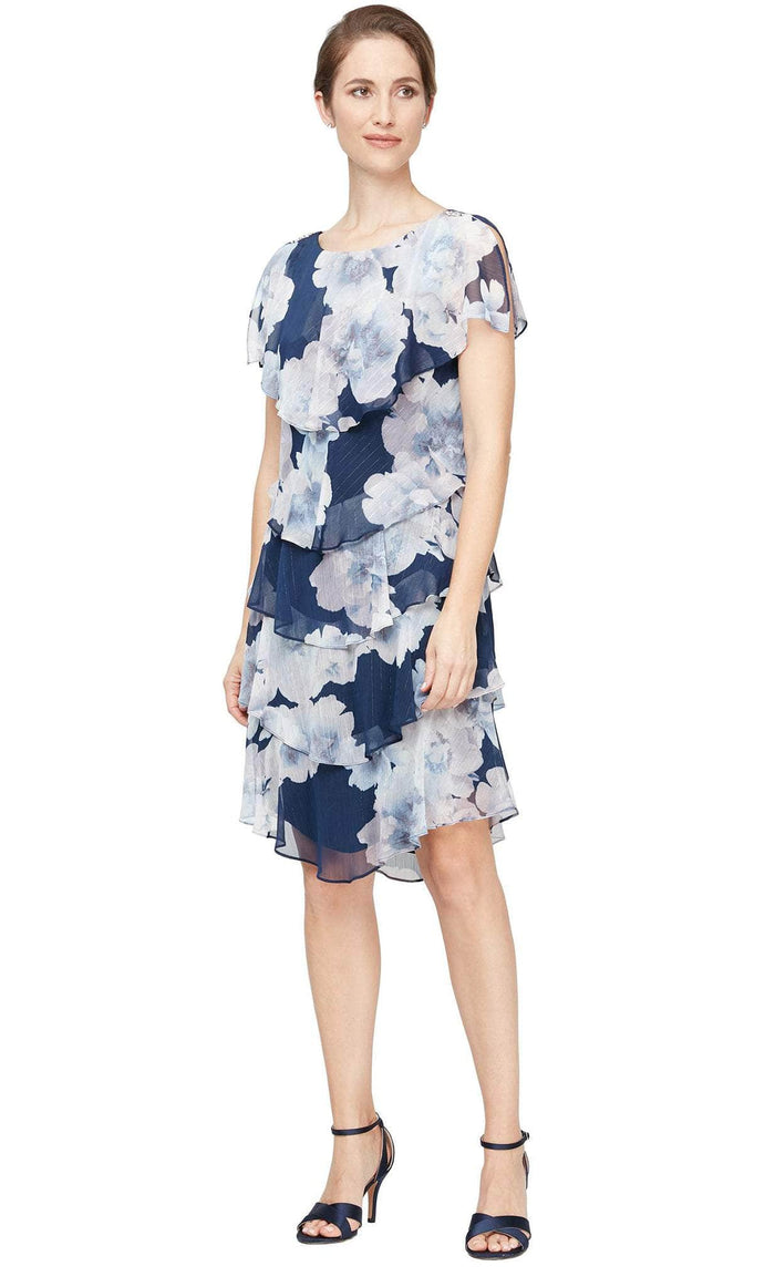 SLNY 9171869 - Floral Tiered Cocktail Dress Holiday Dresses 6 / Navy Multi