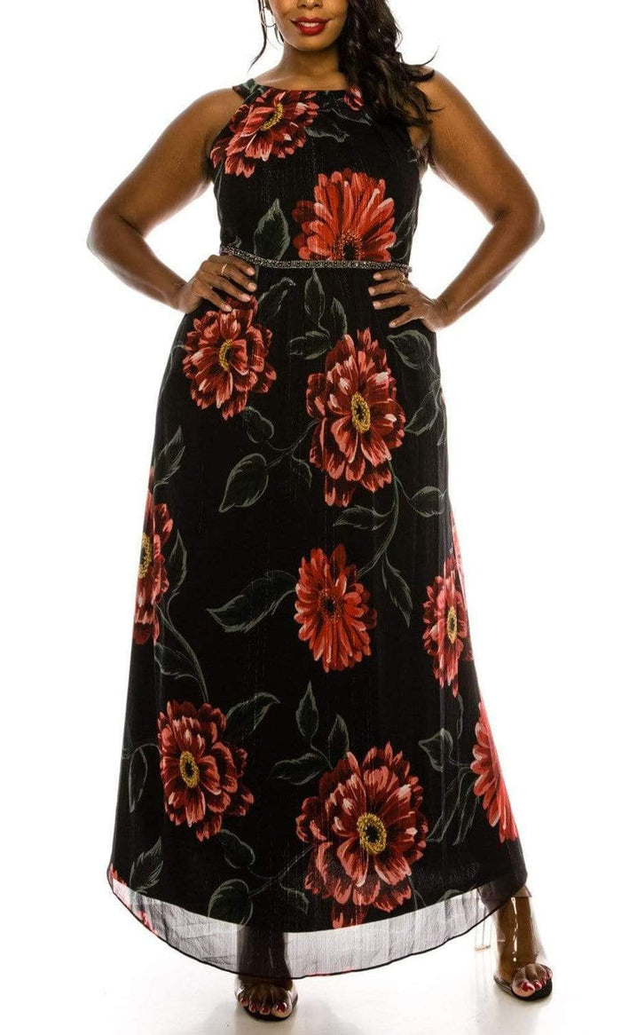SLNY - 9471488 Floral Bateau Evening Dress Evening Dresses 12W / Black Multi