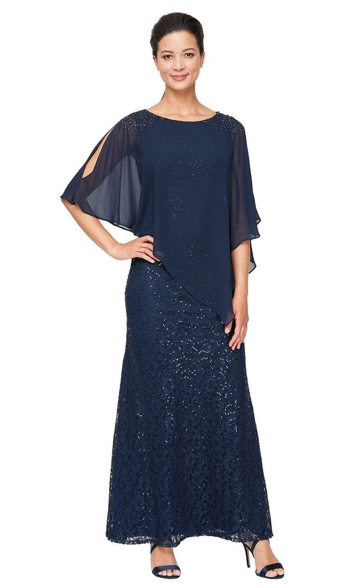 SLNY - Asymmetrical Cape Formal Dress 9119400 - 1 pc New Navy In Size 14 Available CCSALE 14 / New Navy